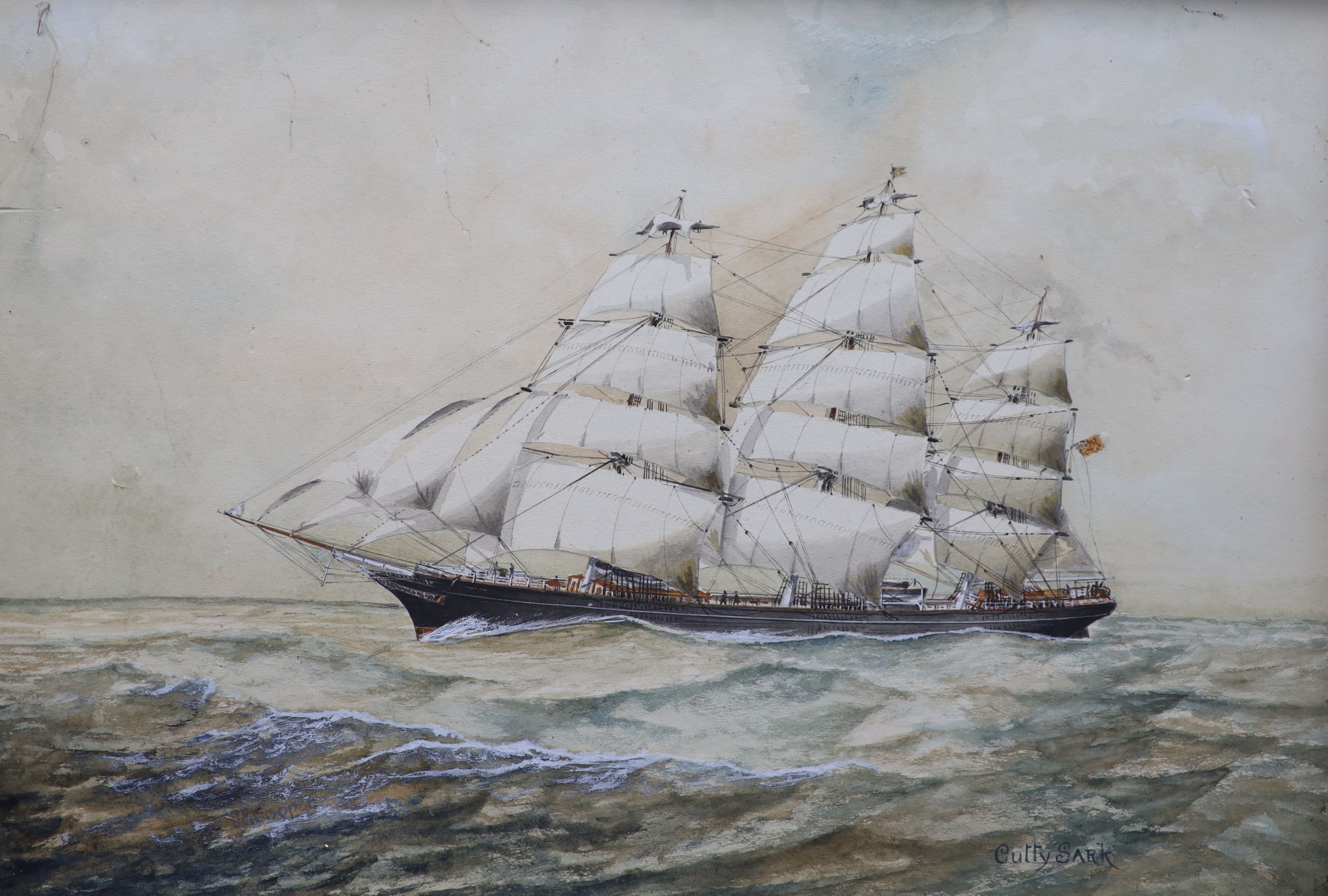 J.E. Cooper, watercolour, The Cutty Sark, signed, 37 x 54cm
